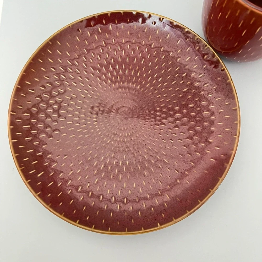 RuffHewn Mug and Plate Set  Burgundy Red Textured Stoneware 2pc
